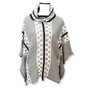 Yaira Women's Gray Geometric Cowl Neck Soft Knit Poncho Sweater One Size